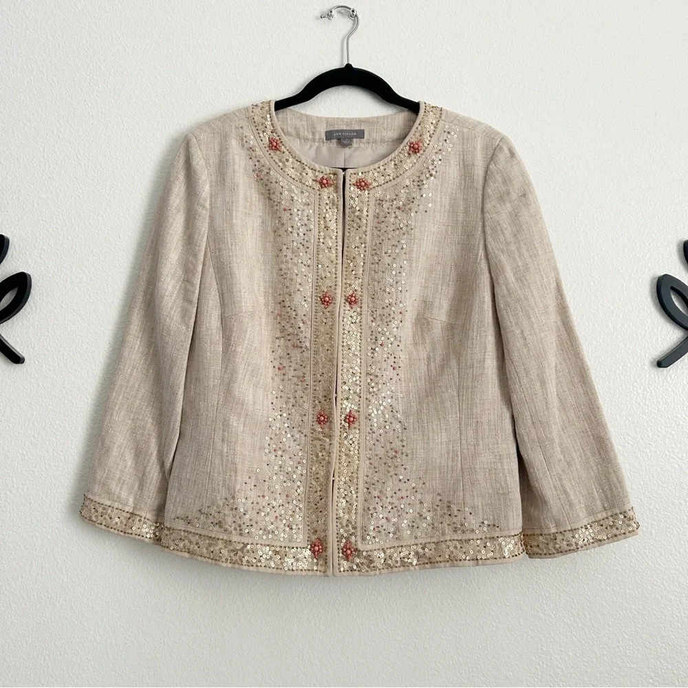 Ann Taylor Linen Sequin Beaded Jacket | Size 14